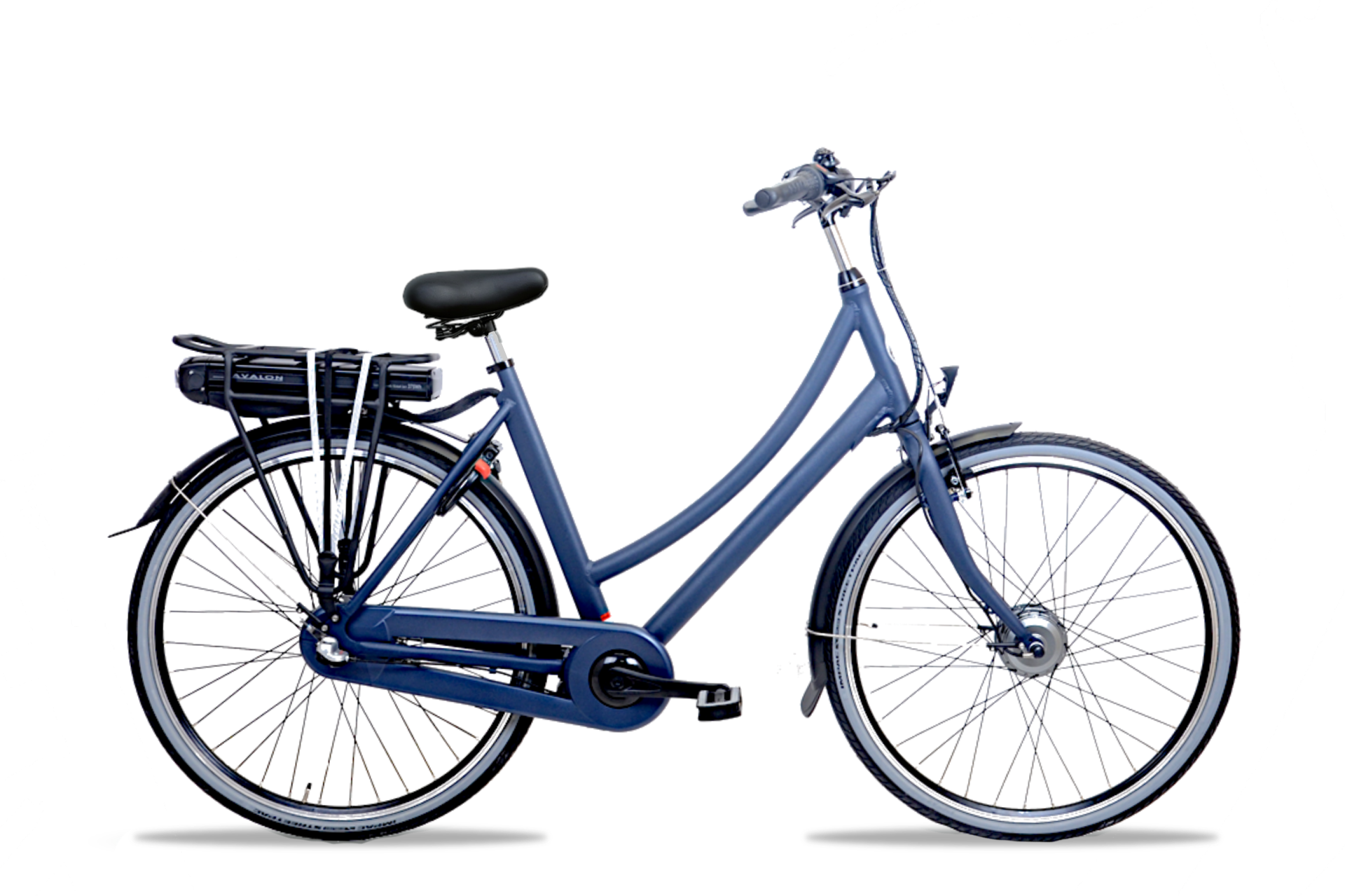 Avalon E-Base elektrische stadsfiets mat blauw- comfortabele e-bike met voorwielmotor