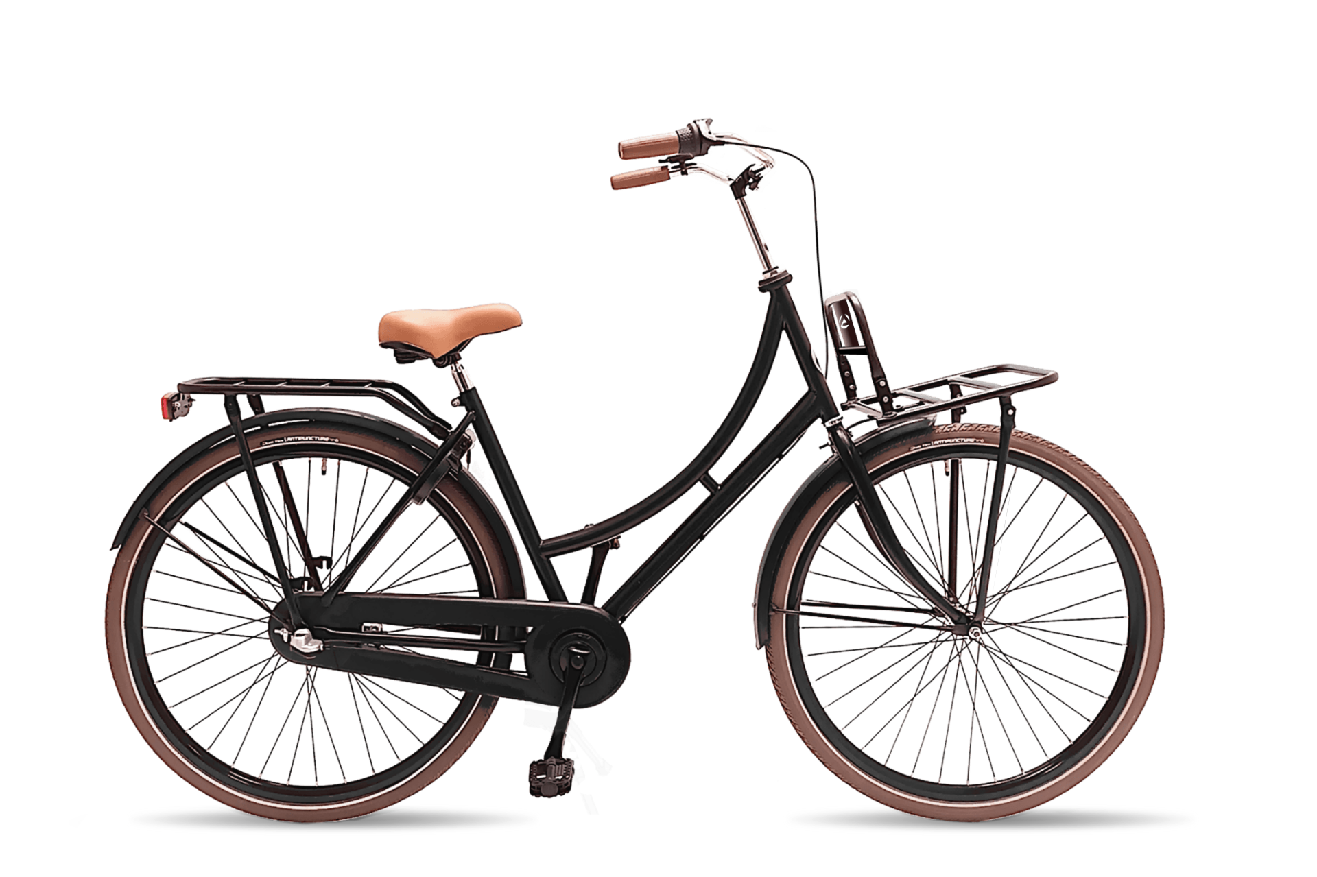 Avalon Pic-Up. Zwarte fiets in Hollandse stijl met bruine banden