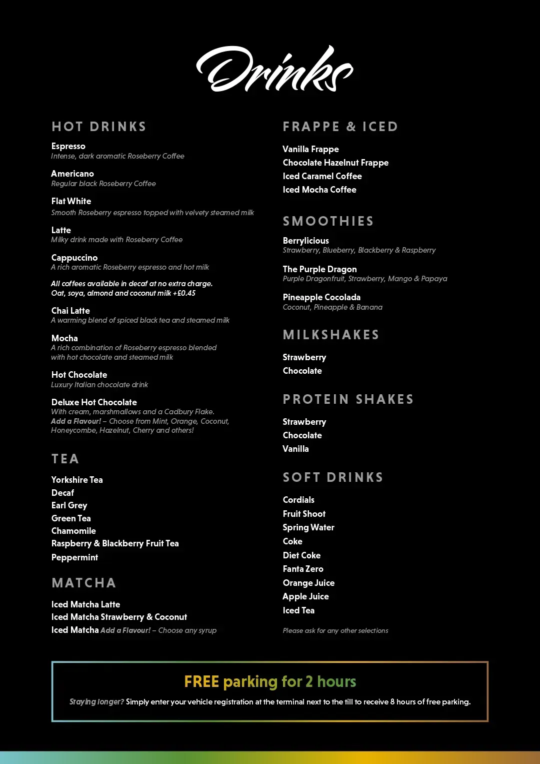 Hollyhocks Café drinks menu showing hot drinks, smoothies and milkshakes