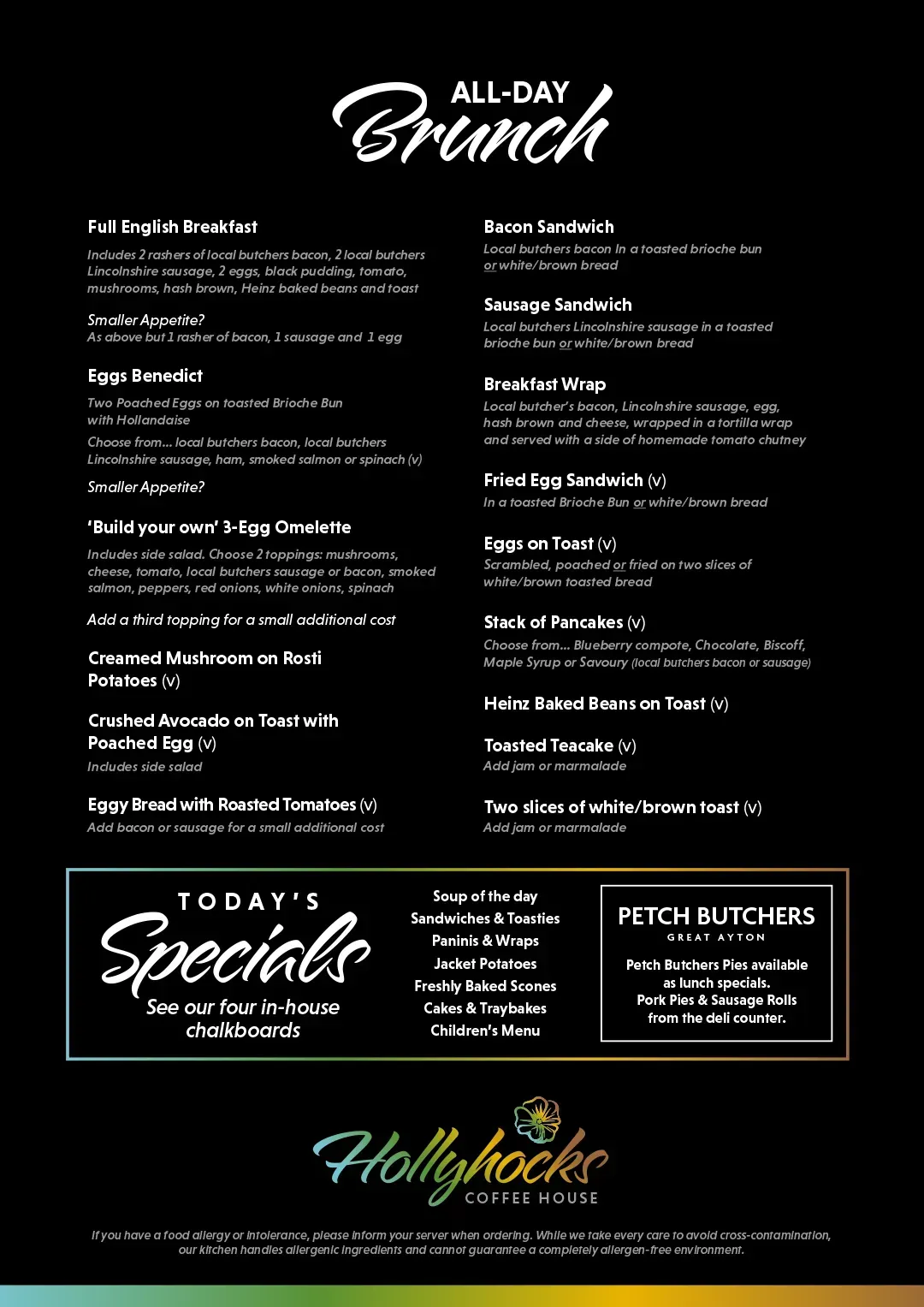 Hollyhocks Café brunch menu featuring breakfast and brunch options in Guisborough