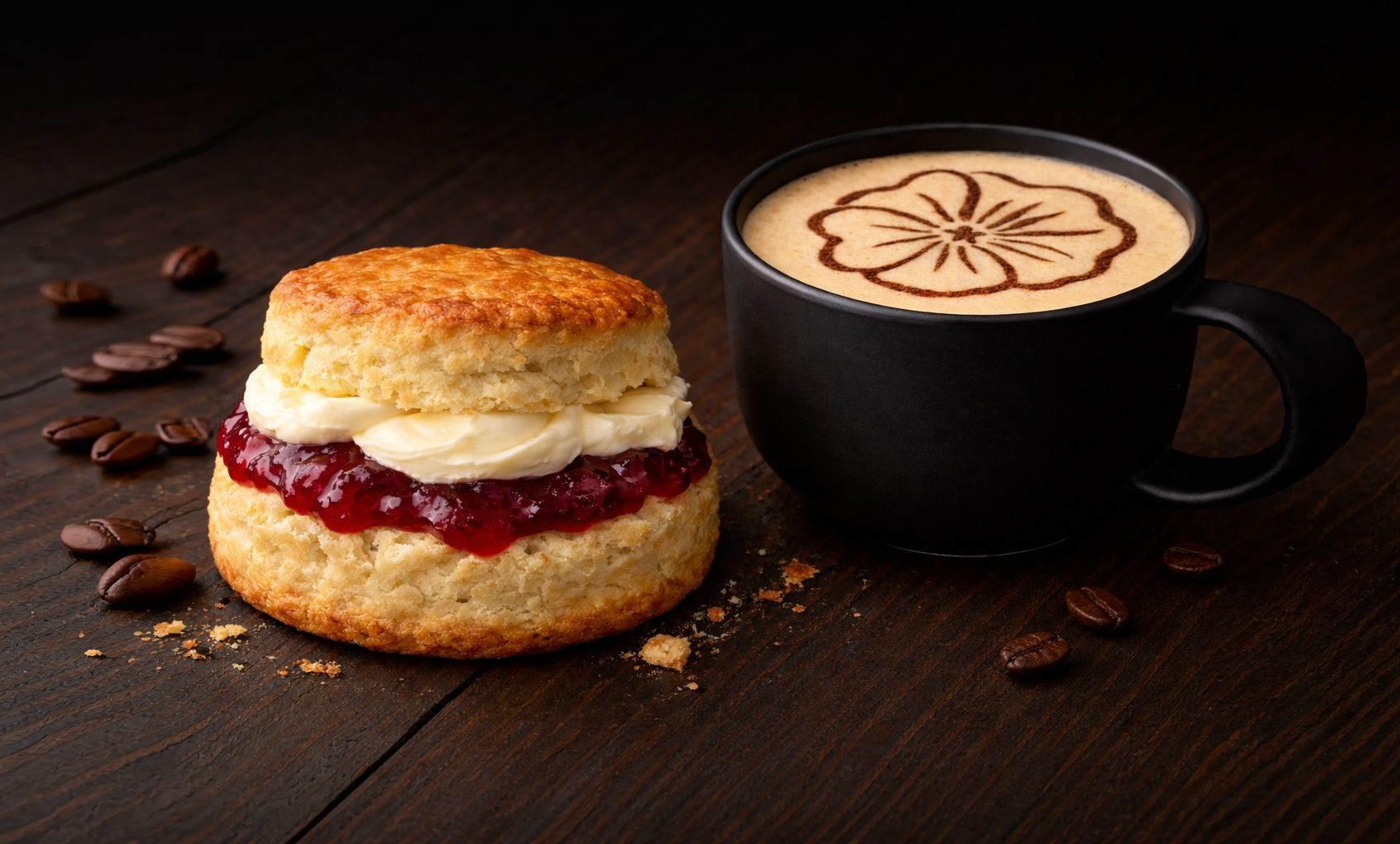 Freshly baked scone with cream and jam served with a coffee at Hollyhocks Café Guisborough