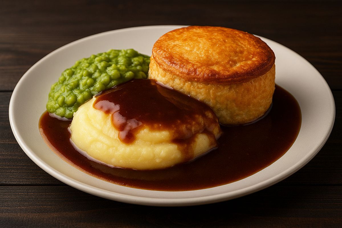 Traditional pie, mash, peas and gravy at Hollyhocks Coffee House