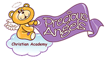 Logo for Precious Angels Christian Academy with a smiling yellow angel and purple ribbon text