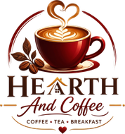 Hearth and Coffee logo with a red coffee cup, latte art heart, leaves, and text for coffee, tea, breakfast