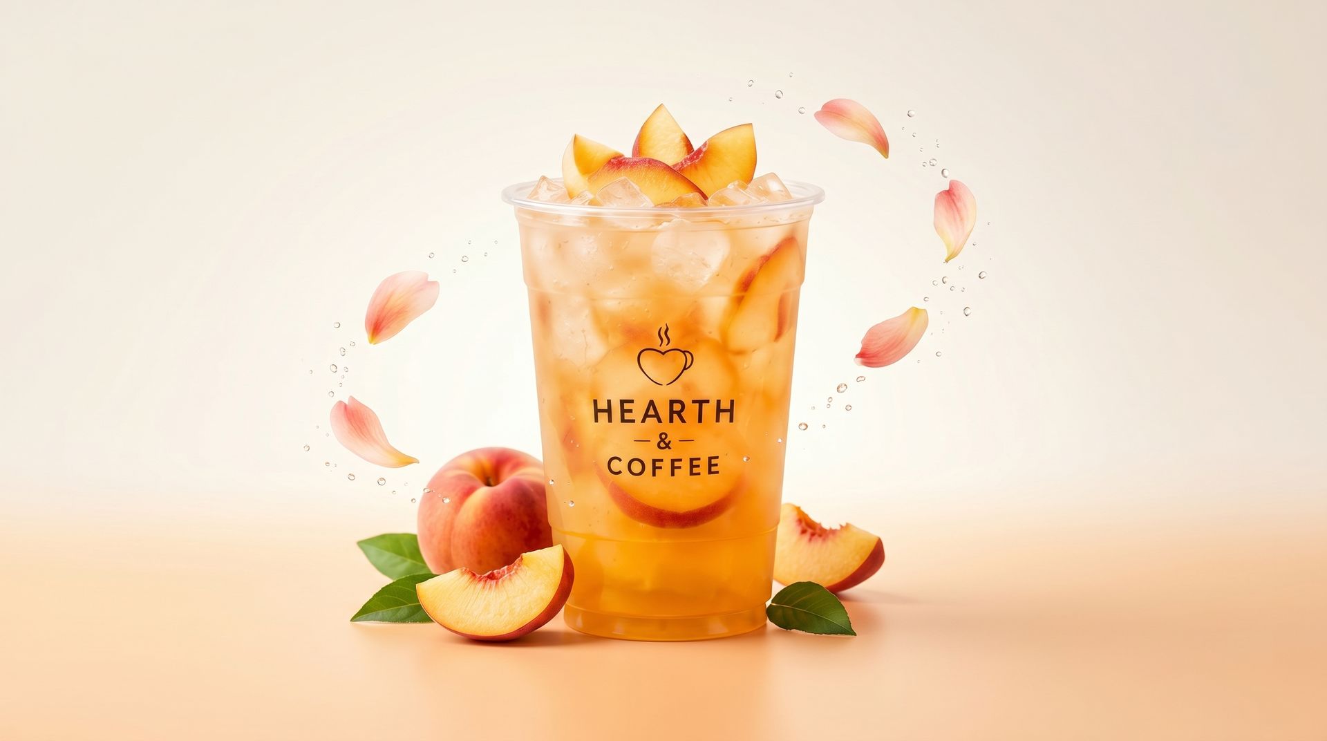 Iced peach tea in a clear glass with peach slices and leaves on a peach-colored background