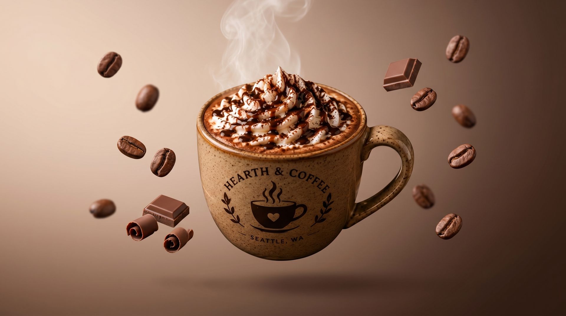 Chocolate coffee mug with whipped topping and floating coffee beans on a warm brown background