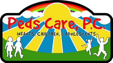 Logo for Peds Care, P.C.: Children's healthcare with sun, rainbow, and children's silhouettes in a green field.