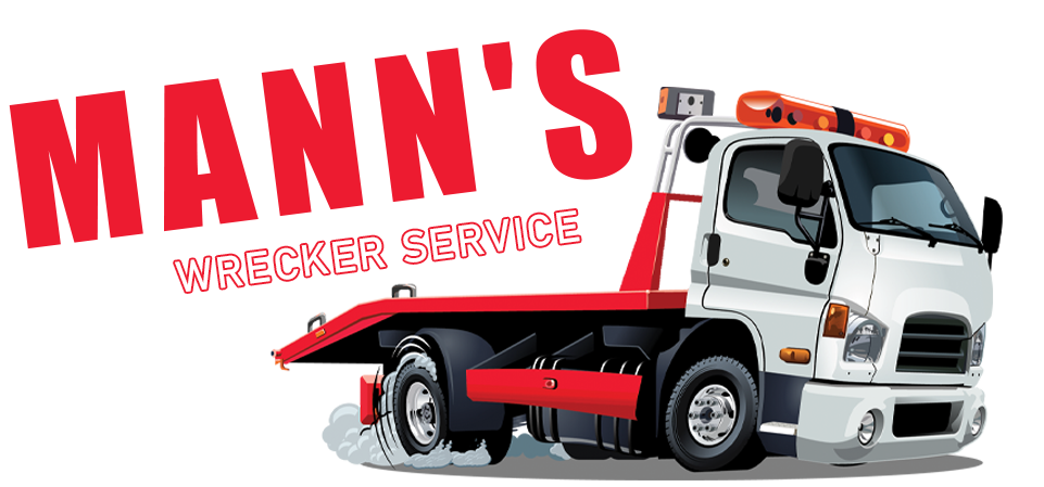 MANN'S Wrecking Service logo with red tow truck and bold red text on white background