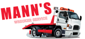 MANN'S Wrecking Service logo with red tow truck and bold red text on white background