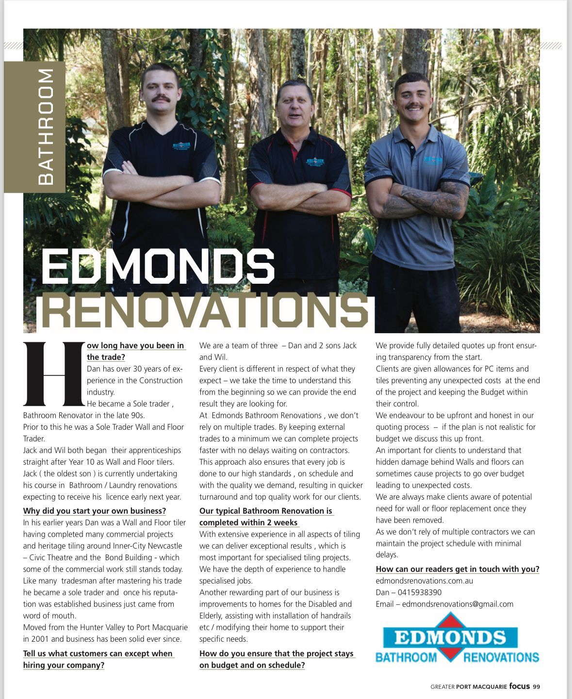 Three men with crossed arms standing in a lush outdoor setting, with Edmonds Renovations branding and text below. — Edmonds Bathroom Renovations In Port Macquarie, NSW