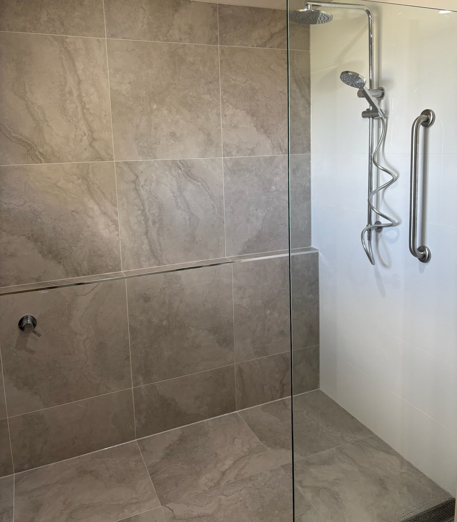 Shower With Gray Tile Walls and Floor — Edmonds Bathroom Renovations & Tiling In Wauchope, NSW