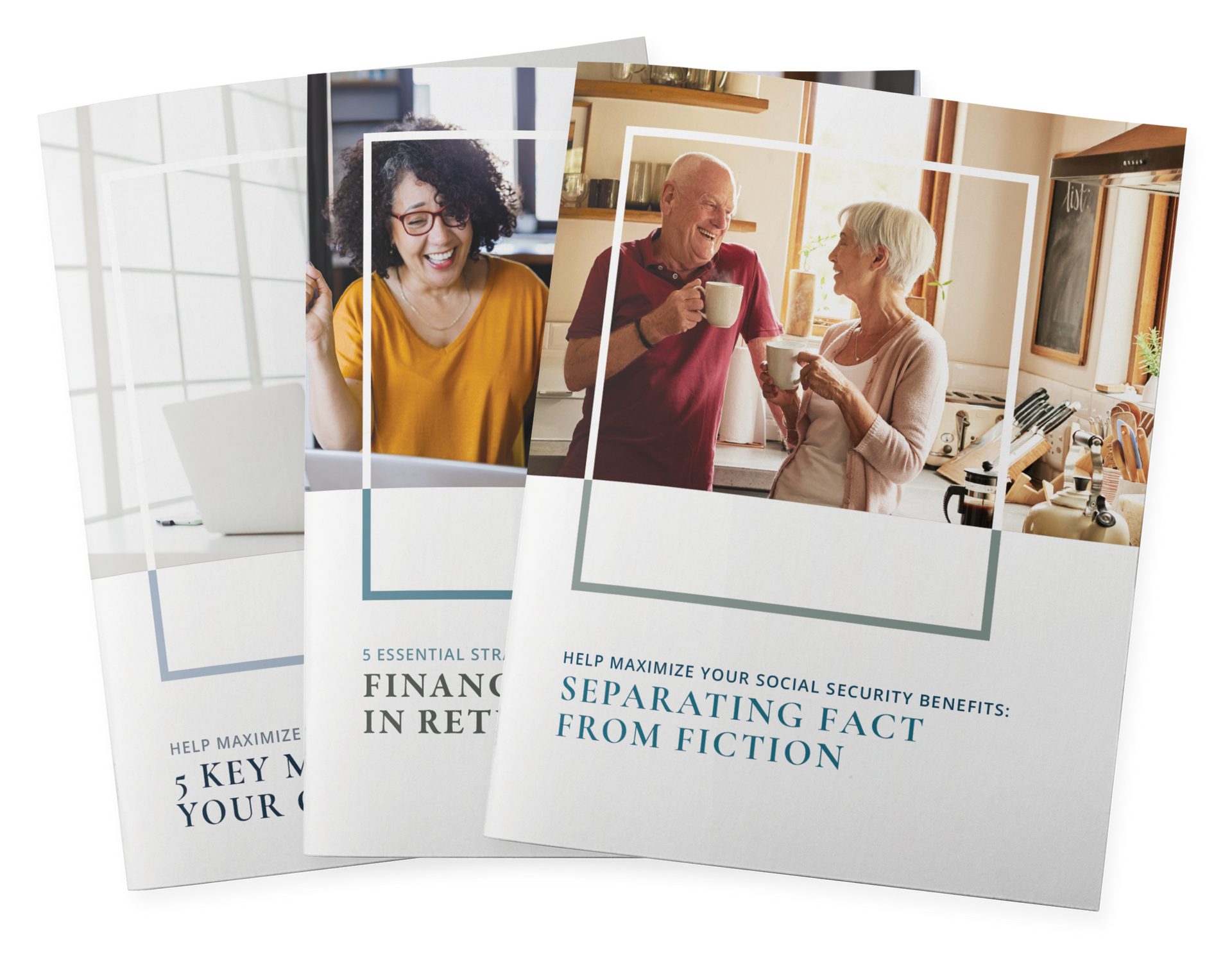 Three brochure covers: Retirement financial guides with photos of people in various settings.