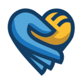 Blue and yellow abstract heart-shaped logo with a hand-like swoosh