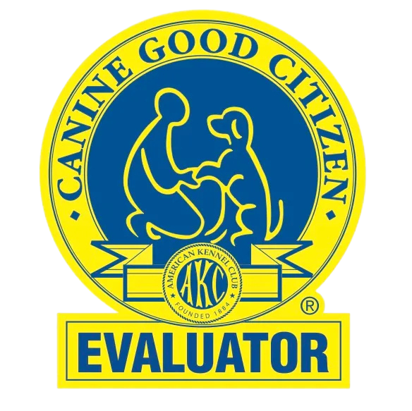 AKC Canine Good Citizen Evaluator emblem in blue, yellow, and white