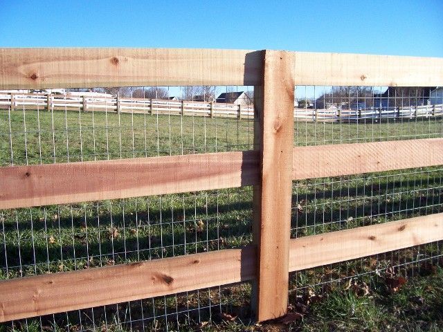 A three-rail wooden fence with wire mesh backing sits in a grassy field under a clear blue sky.