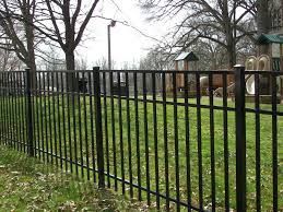 A black metal fence encloses a grassy park area with playground equipment and trees in the background.