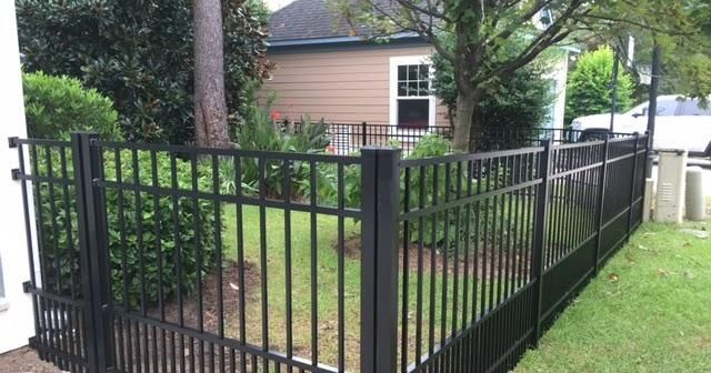 A black metal fence surrounds a lush green lawn in a suburban yard with a house visible in the background.