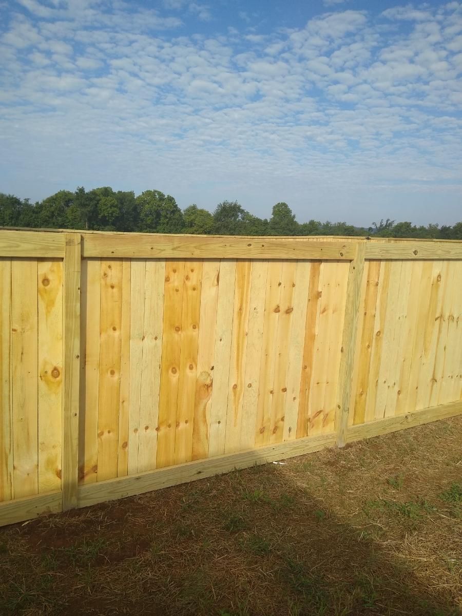A wooden fence made of light-colored vertical planks with a horizontal top rail against a blue sky and distant trees.