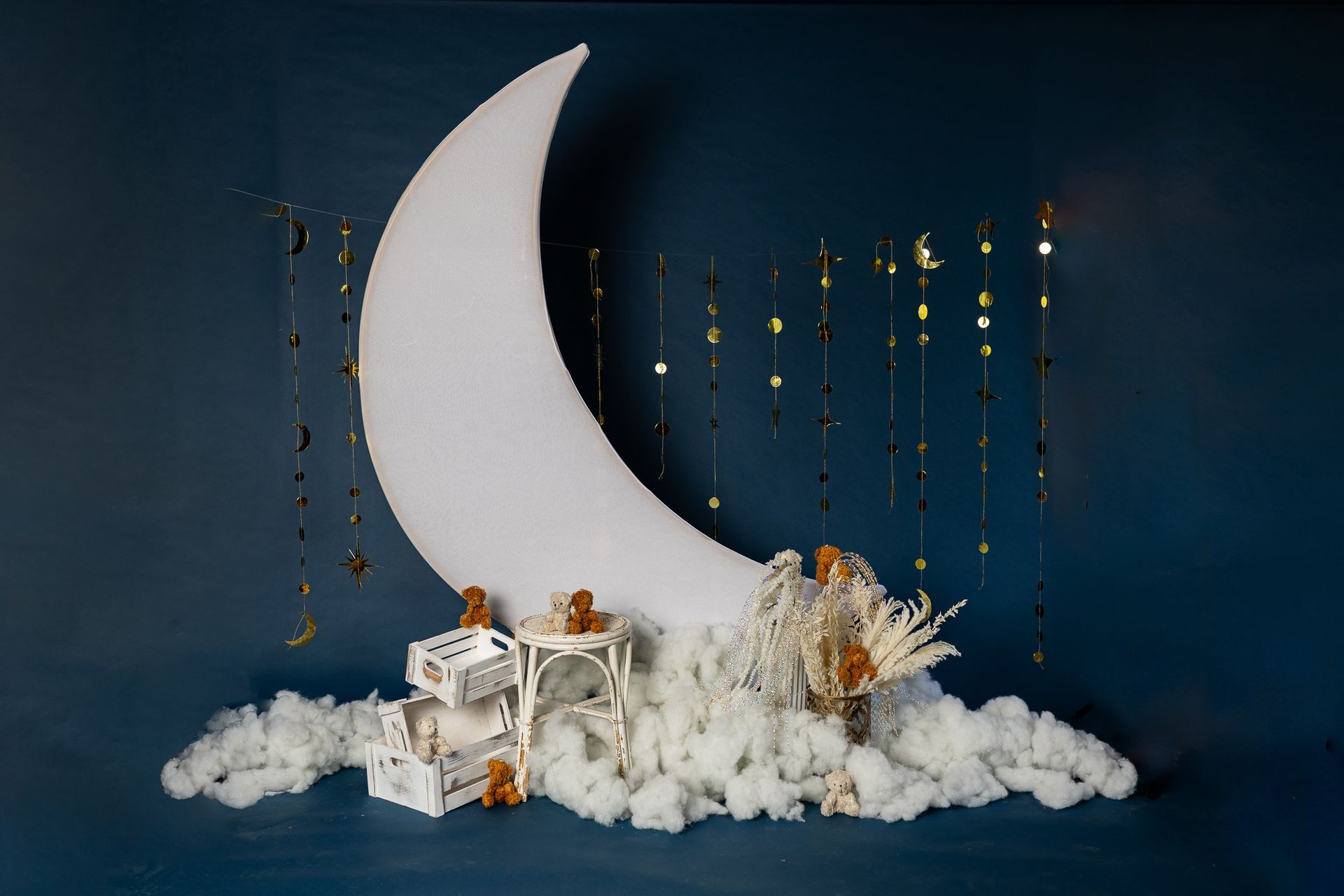Moon and teddy bear cake smash set with large crescent moon and celestial accents