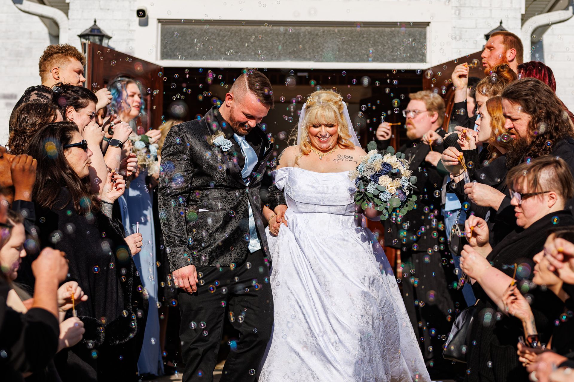 bubble wedding exit at Mariposa Chapel in Iron Station, NC