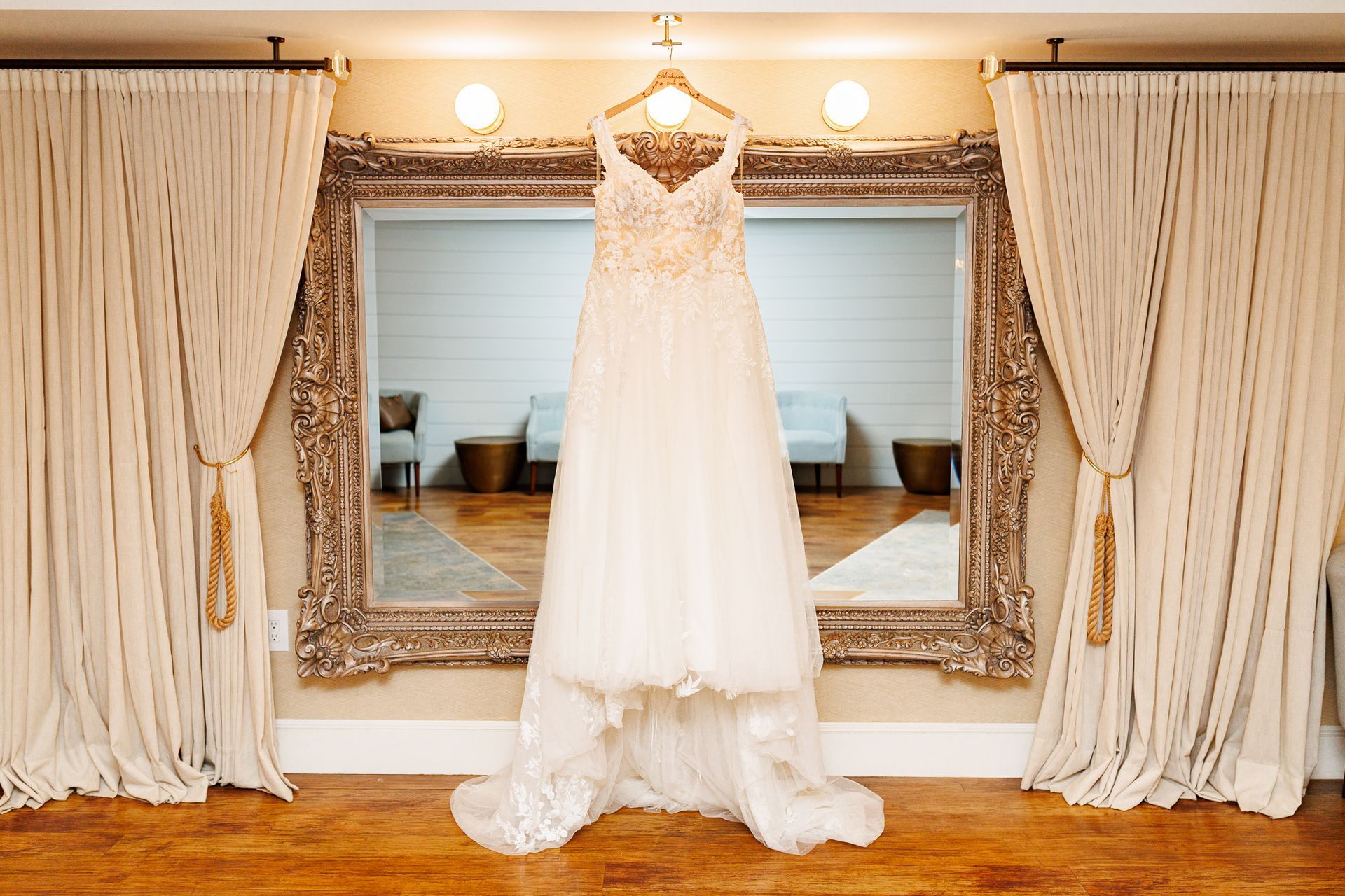 bride's dress hanging at Oceanview, Nahant, MA