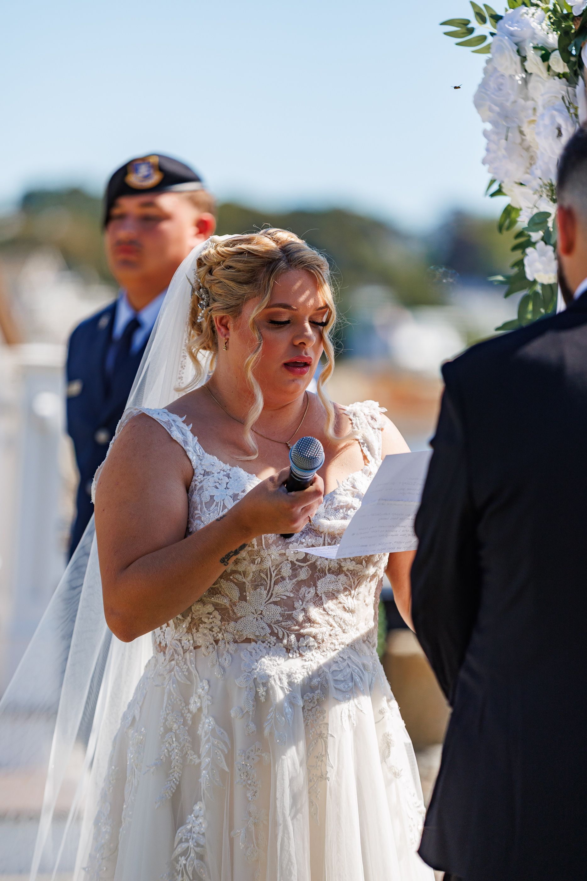 bride reciting vows during wedding at Oceanview, Nahant, MA