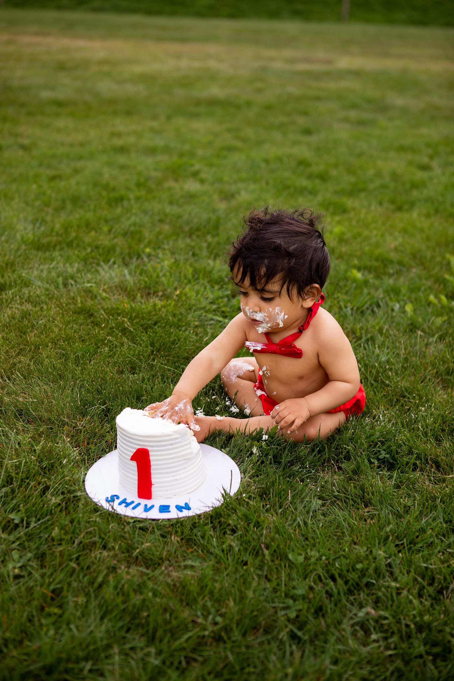 baby eating smash cake for first birthday session