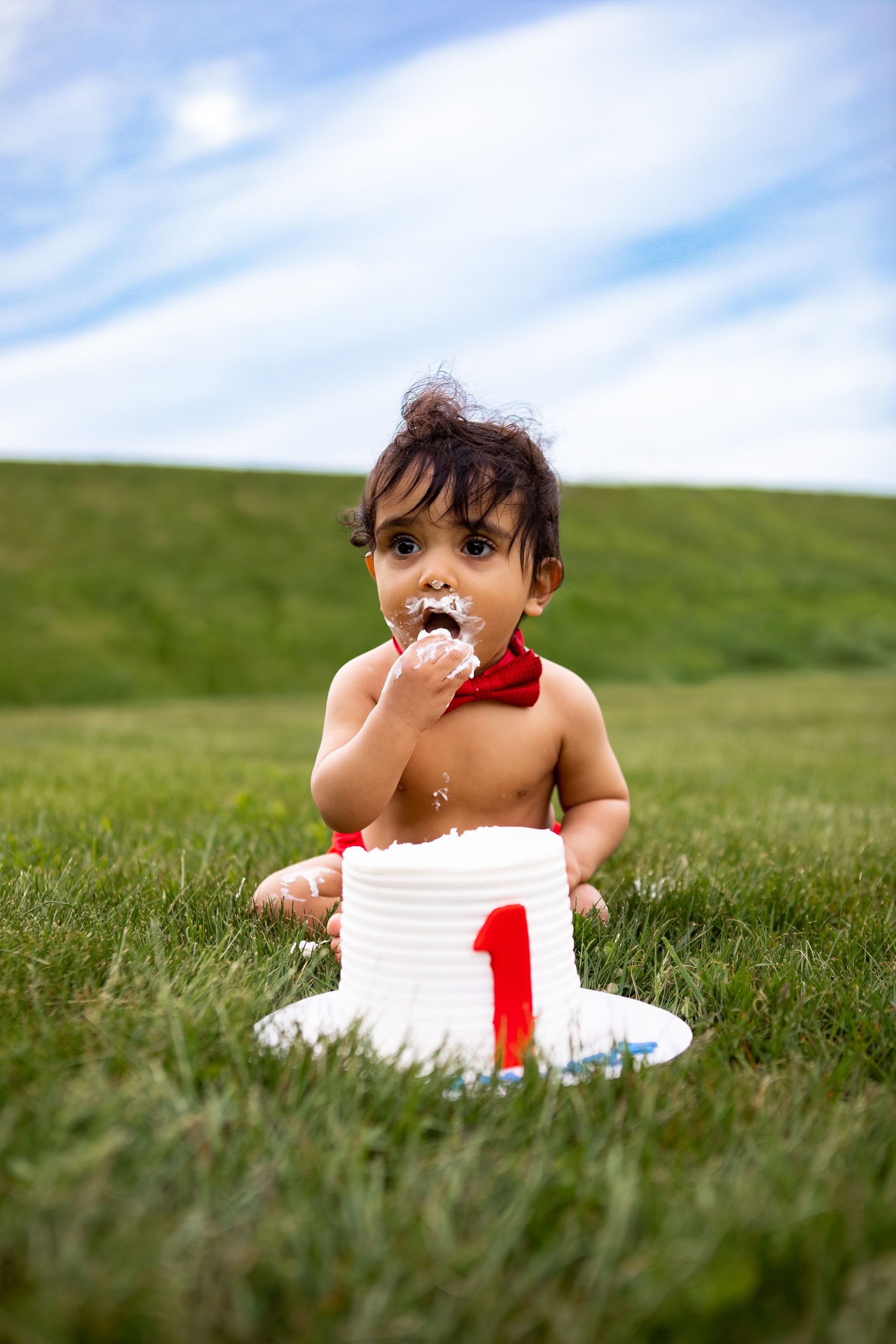 baby eating smash cake for first birthday session