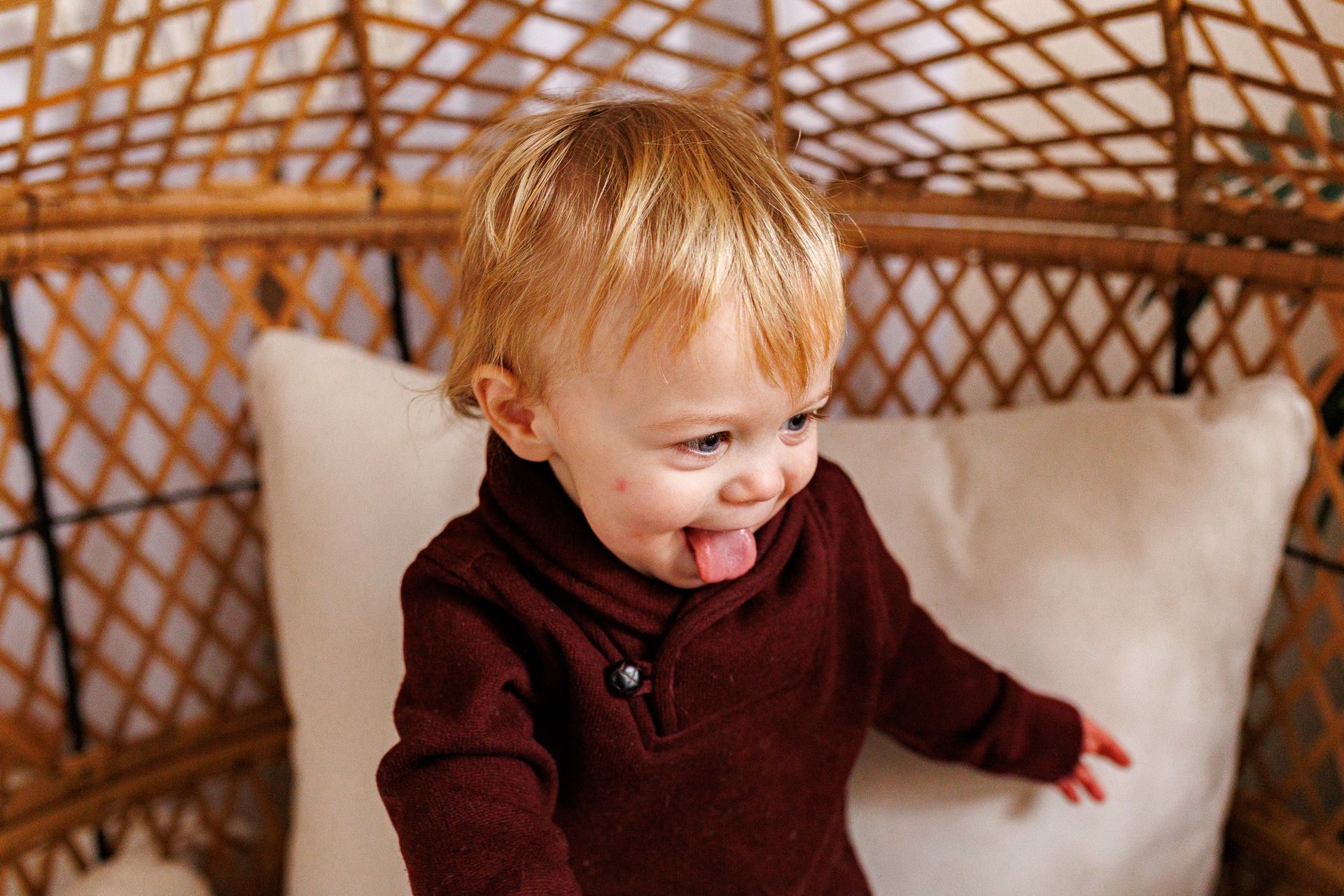 Toddler in a maroon sweater sitting on a cushioned chair, smiling and sticking out their tongue. - family photos