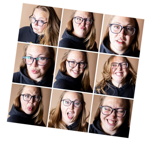 A woman wearing glasses is making many different faces.