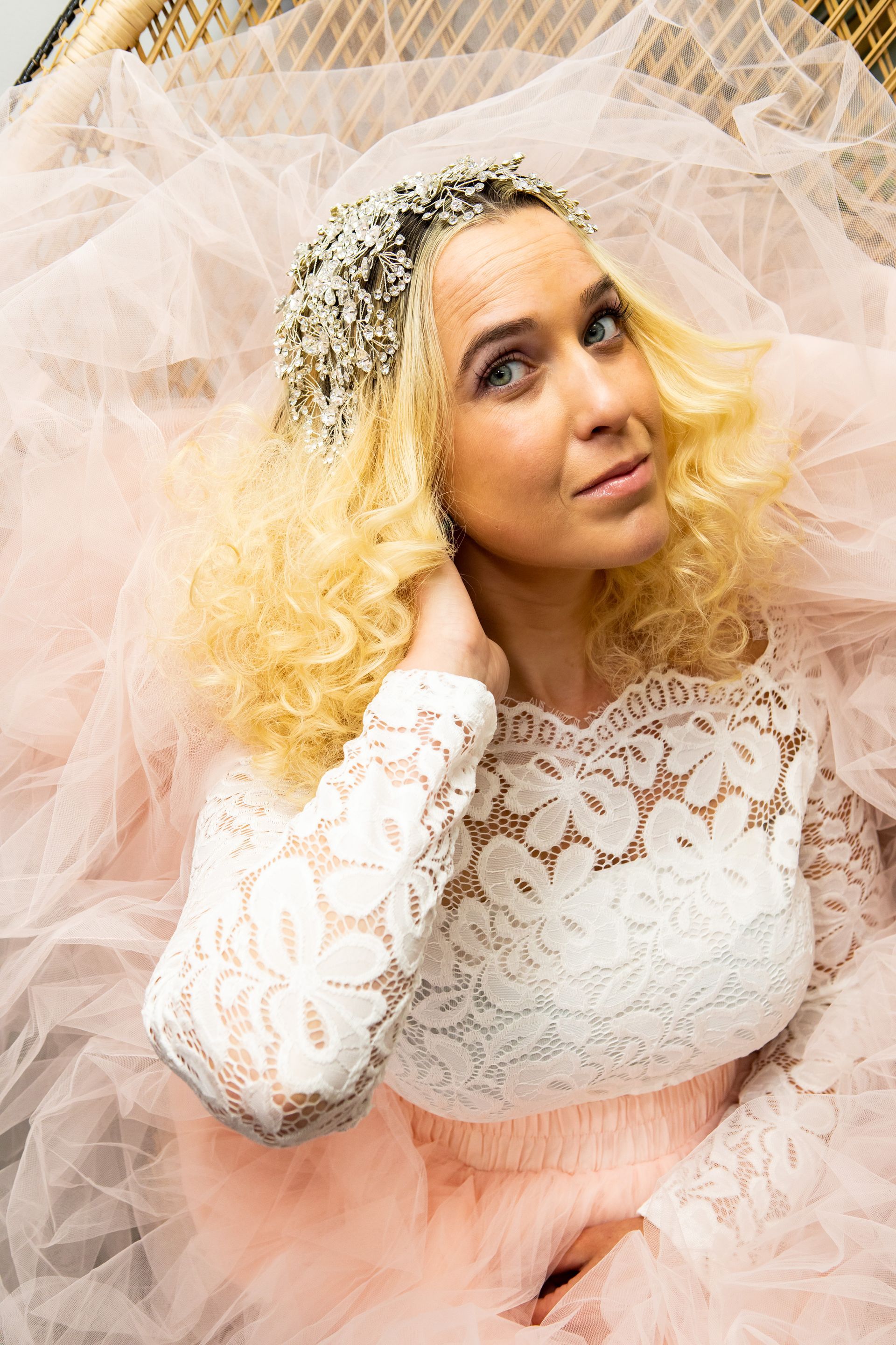 Photography MA - branding photograph blonde woman in a white lace top
