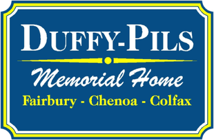Logo for Duffy-Pils Memorial Home in blue, yellow, and white, with locations in Fairbury, Chenoa, and Colfax.