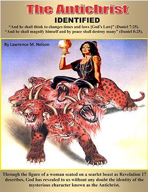 A poster of a woman sitting on a leopard with horns titled the antichrist identified