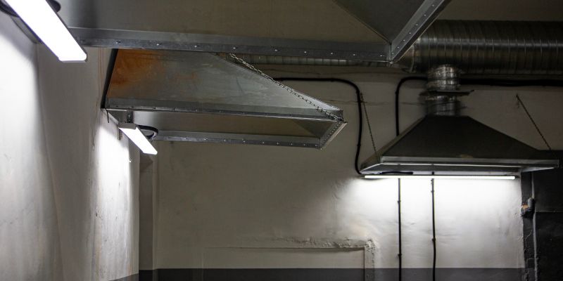 Industrial kitchen vent hood and metal ductwork against a white wall