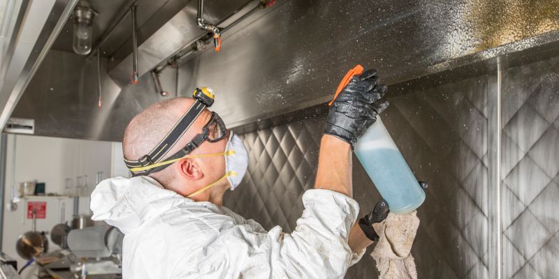 Worker in safety gear spraying cleaner inside a metallic industrial compartment