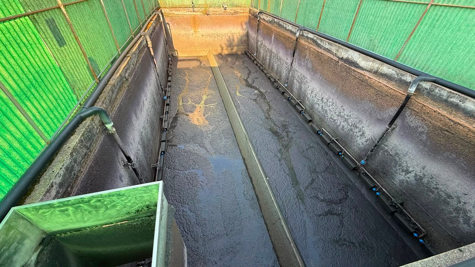 Tramoggia industriale vuota con lati in rete verde e pavimento metallico bagnato, esposta alla luce del giorno.
