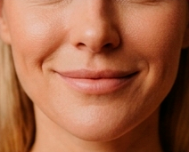 Close-up da parte inferior do rosto e pescoço de uma pessoa sorridente com maquiagem natural.