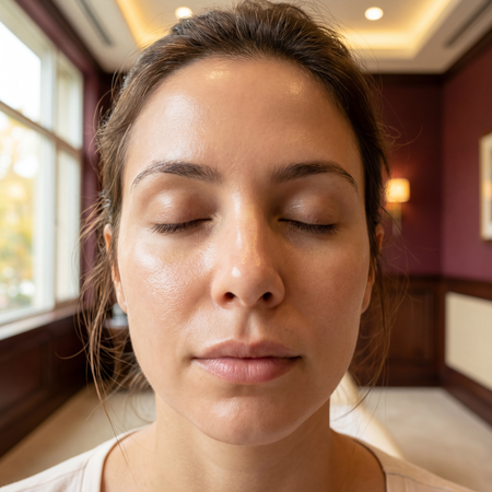 Close-up de uma mulher com os olhos fechados com a pele  luminosa e viçosa em um corredor