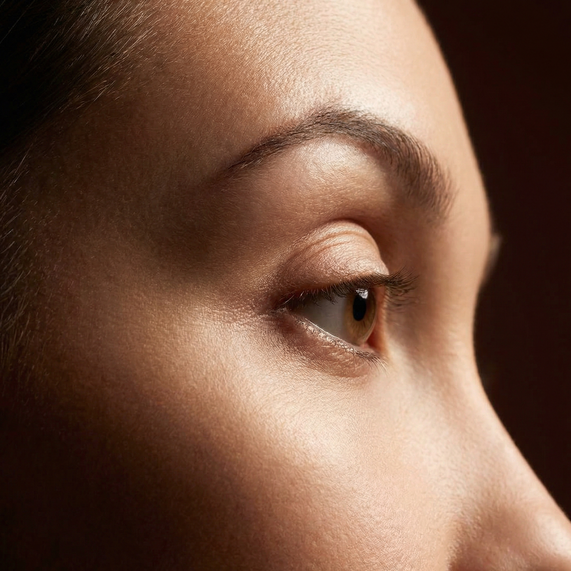 Perfil lateral em close-up do rosto de uma pessoa, com foco nos olhos e no nariz contra um fundo escuro.