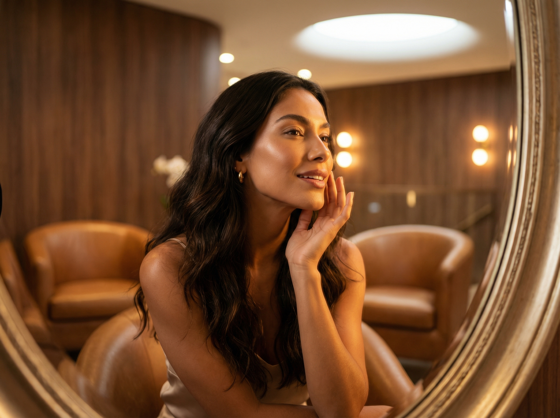 Mulher sorrindo para um espelho, tocando a bochecha em um lounge aconchegante e com iluminação suave.