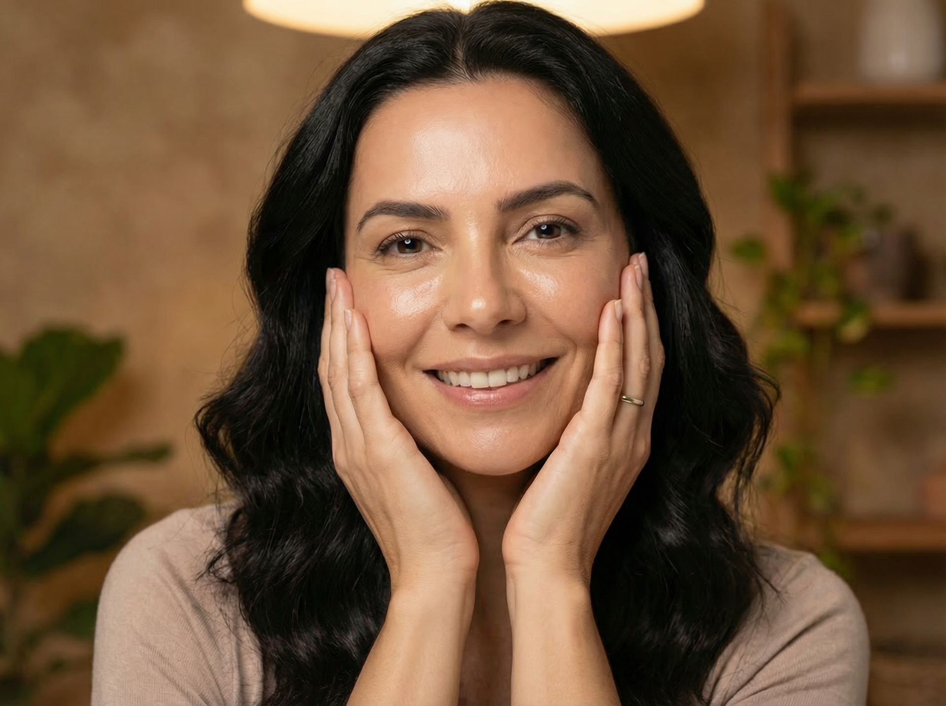 Mulher sorridente de cabelos escuros com o rosto apoiado nas mãos, em ambiente interno, contra um fundo quente e desfocado.