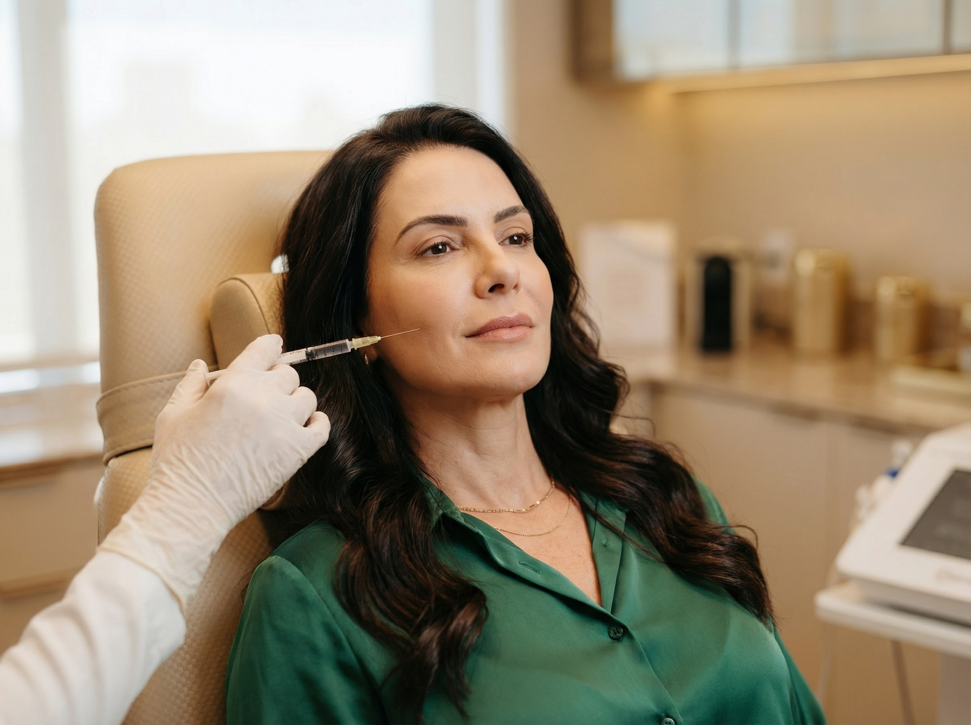 Mulher recebendo uma injeção facial de bioestimulador de colágeno enquanto relaxa em uma cadeira de tratamento.