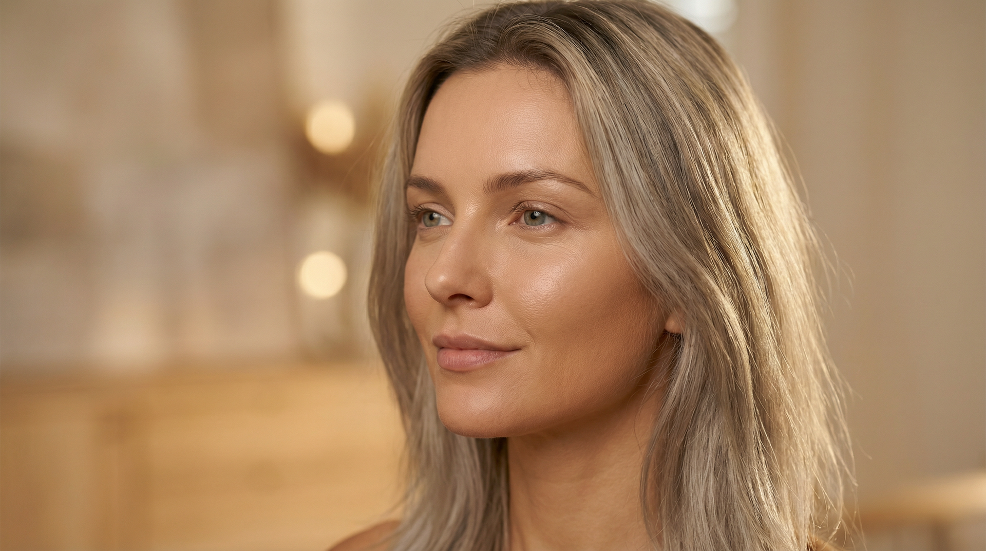 Mulher loira em ambiente interno com iluminação suave, com uma pele com luminosidade e viço
