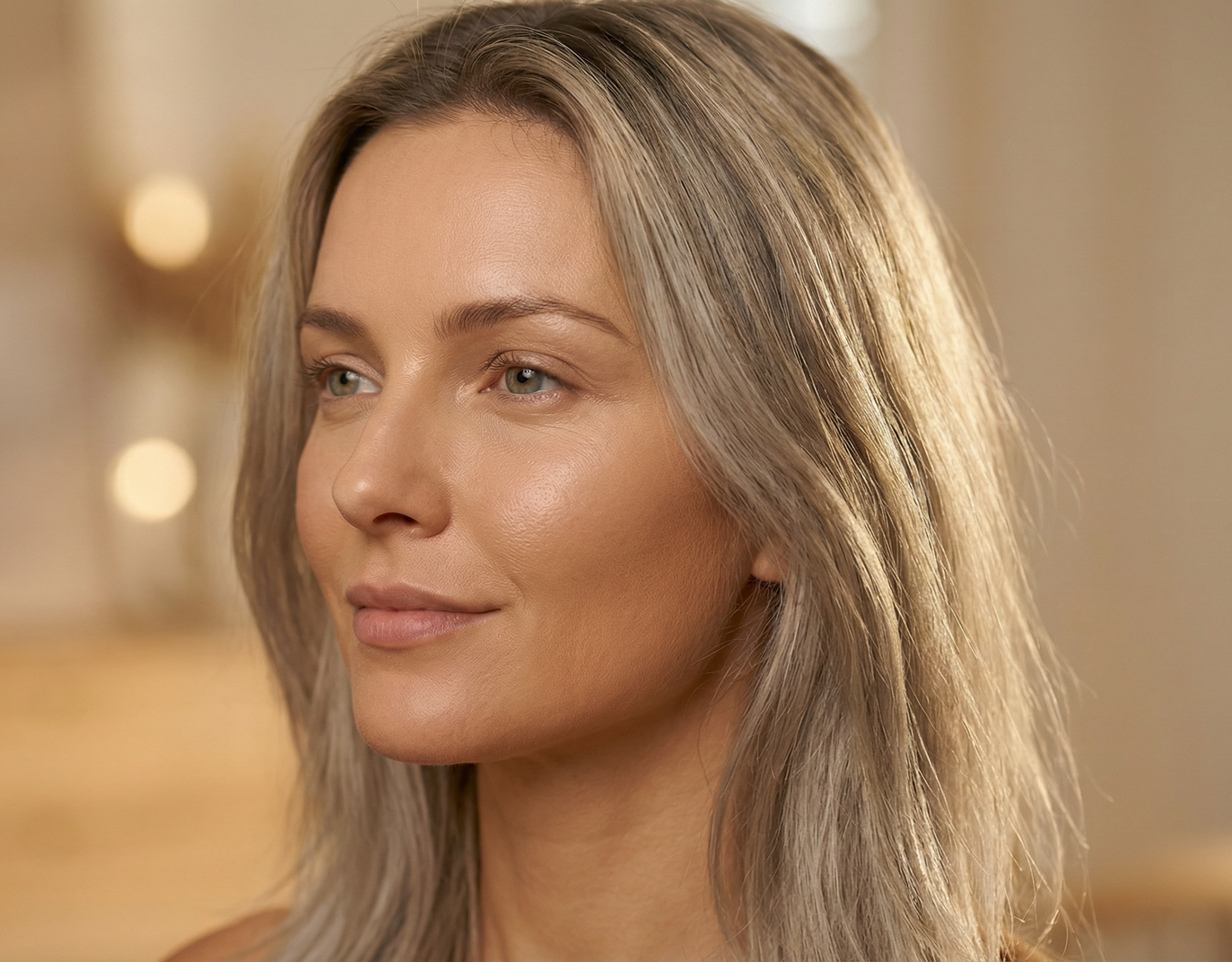 Mulher loira de perfil com um sorriso suave, em pé num ambiente interno com iluminação aconchegante.