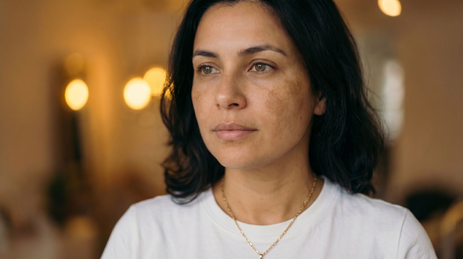 Primeiro plano de uma mulher com camisa branca, com uma expressão neutra,com machas no rosto.