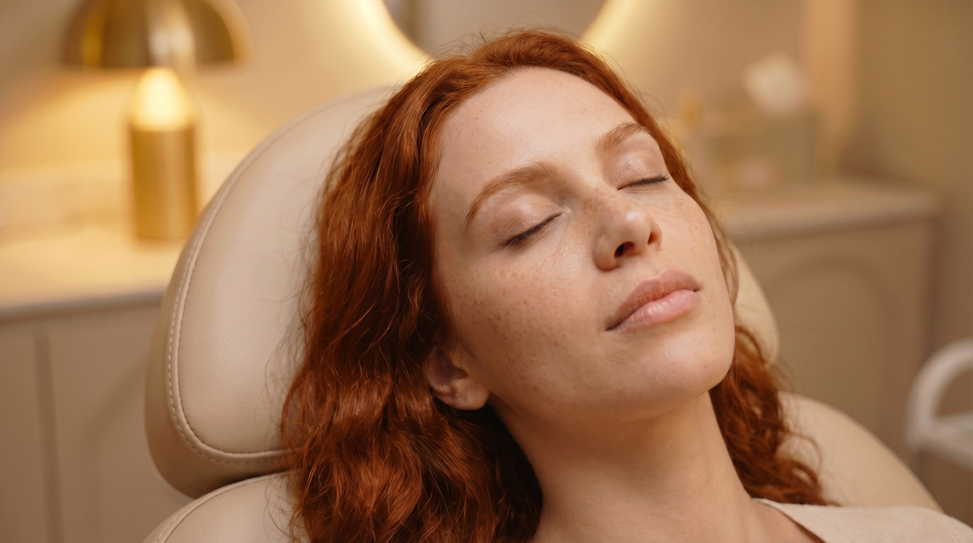 Mulher de olhos fechados reclinada em uma cadeira bege em uma clinica dermatológica