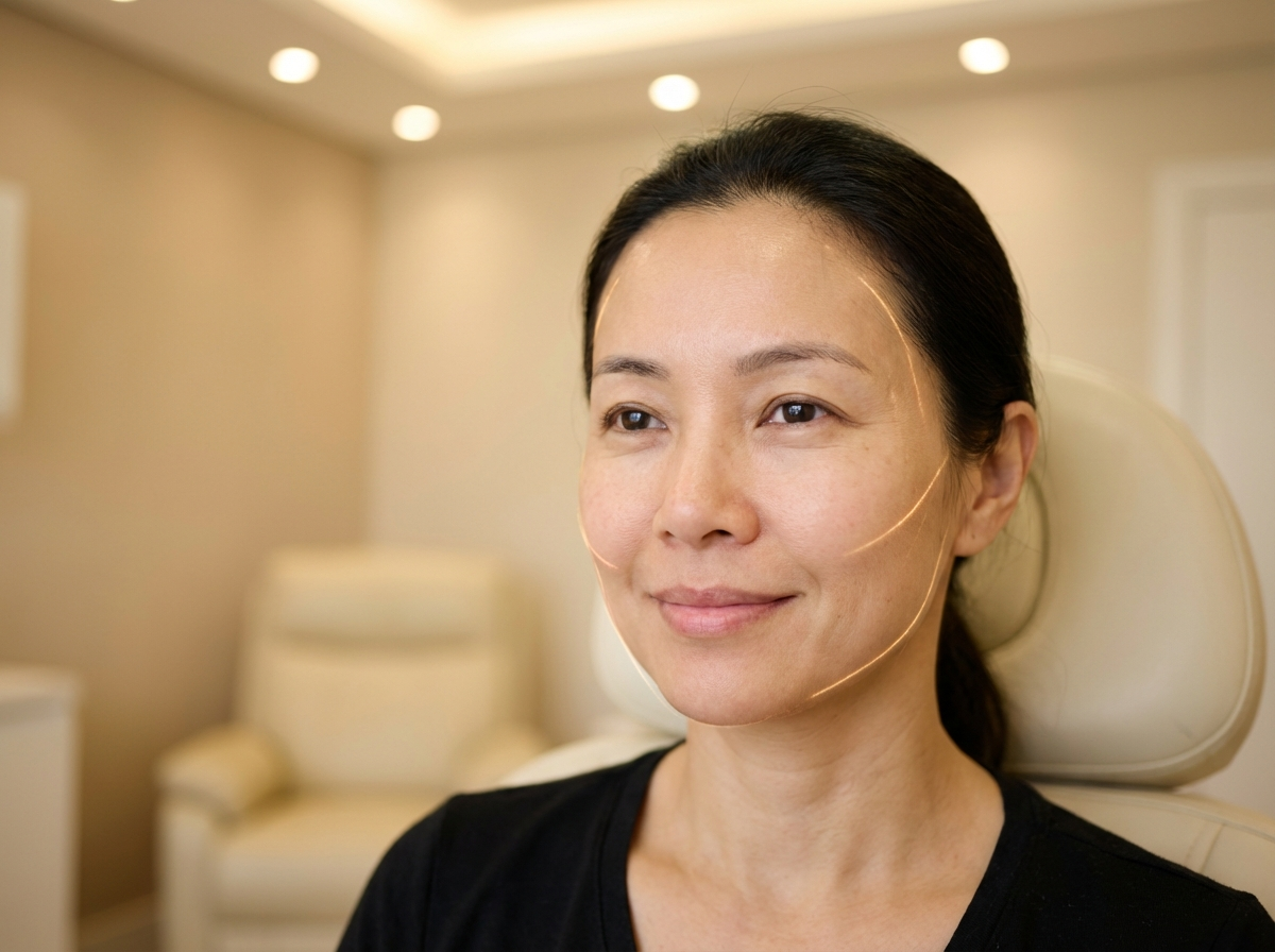 Mulher sentada em uma cadeira de uma clinica dermatológica com expressão calma.