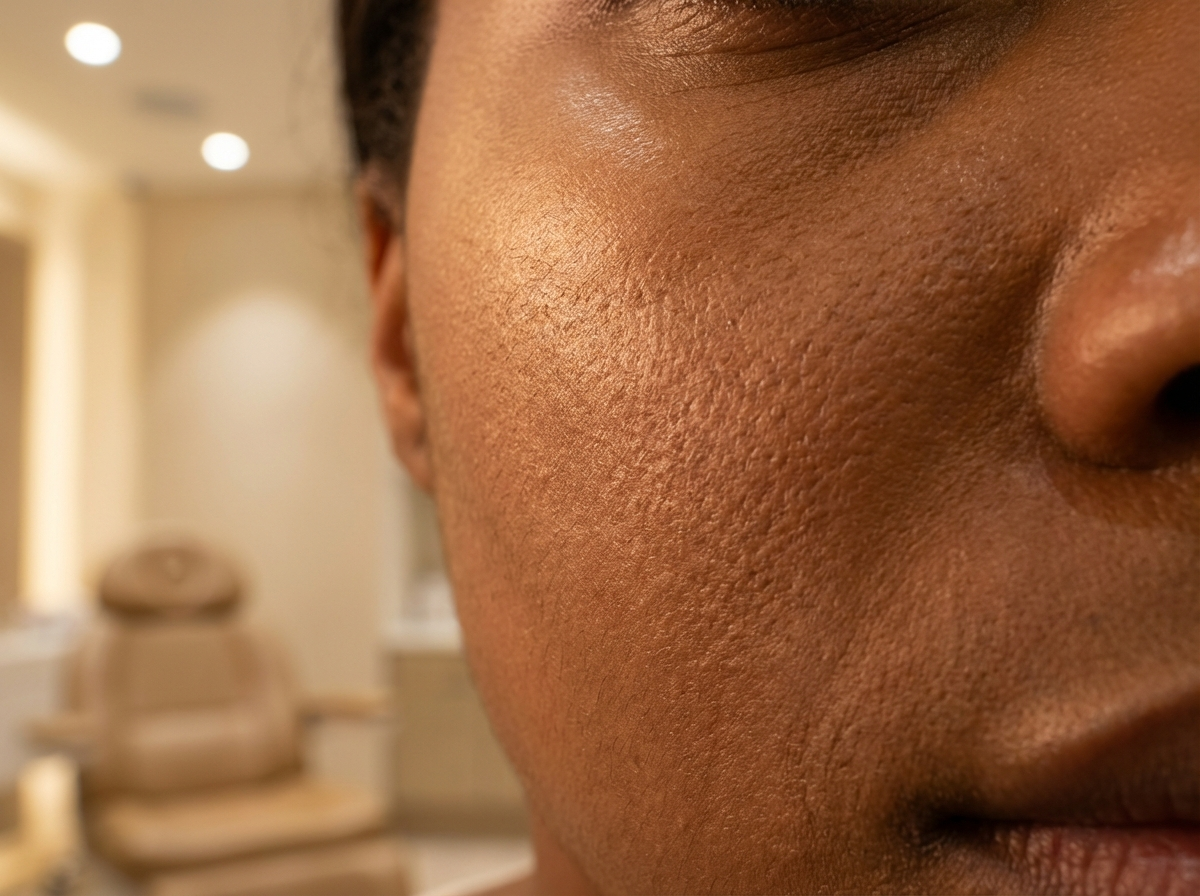 Close-up do rosto de uma pessoa com iluminação interna quente e fundo desfocado de consultório.