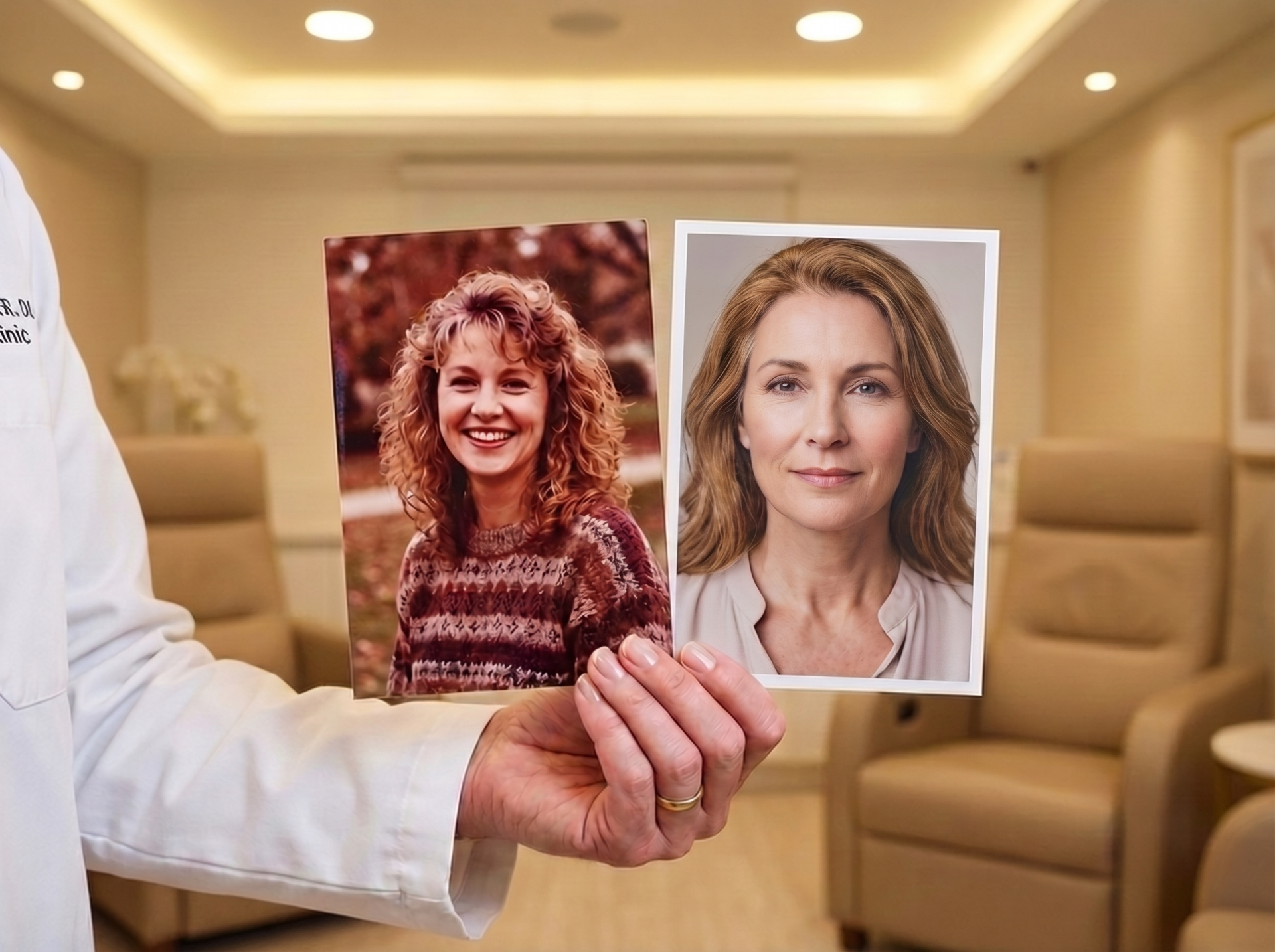 Mão segurando duas fotos de retrato em uma sala aconchegante, comparando fotos de uma mulher em duas fases da vida.