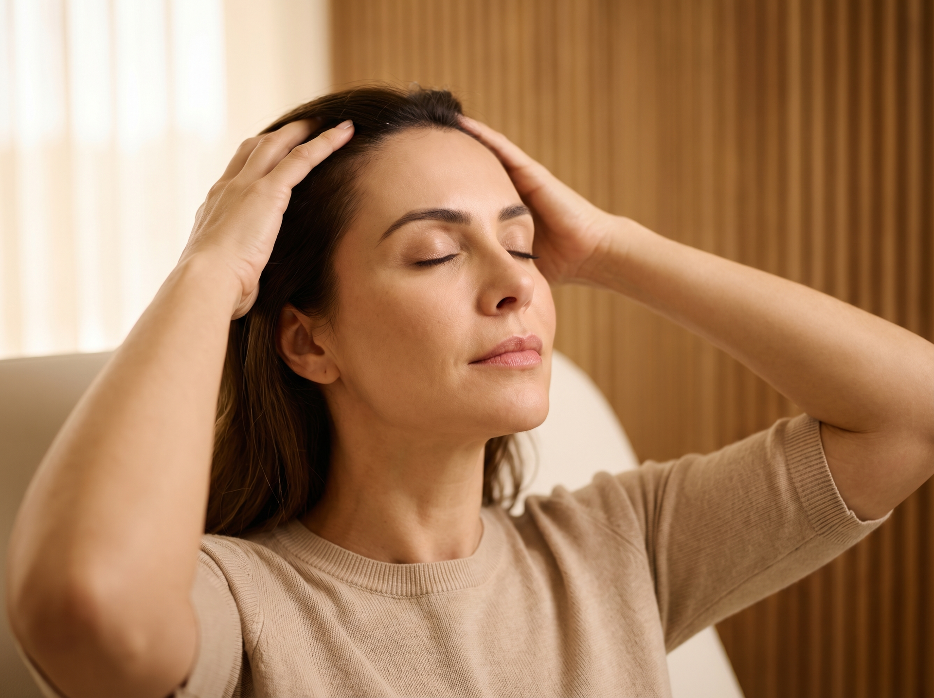 Mulher com os olhos fechados massageando o couro cabeludo.